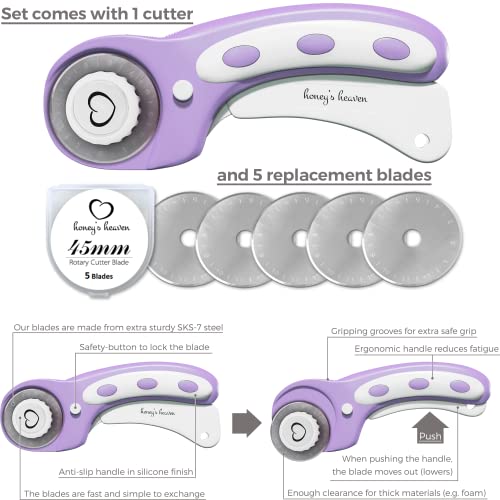 Honey's Heaven Rotary Cutter Set - Quilting Kit incl. 45mm Fabric Cutter, 5 Replacement Blades, A6 Cutting Mat and Craft Clips - Ideal for Crafting, Sewing, Patchworking, Crochet & Knitting - color: Lavender, size: A6 (5.5" x 4")