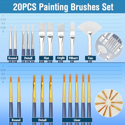 Halobios Paint Brushes Set, 20PCS Painting Brushes Different Types of Brushes for Acrylic Paint, Watercolor, Oil, Paint Brushes Bulk for Nail, Face Art, Craft, Rock Painting and School Project - size: 20-Mix