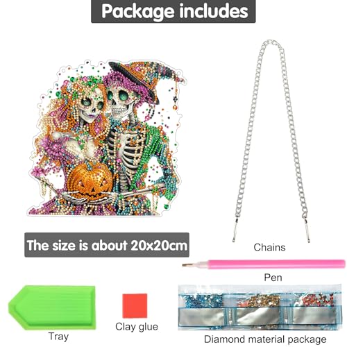 Bimkole Skull Hanging Diamond Pearl Art Kits for Adults Pendant C70 | DIY 5D Special Crystal Diamond Painting Halloween Window Suncatcher, Acrylic Pearl Art Autumn Winter Wall Decor 7.8x7.8 Inch - color: Couple skeleton