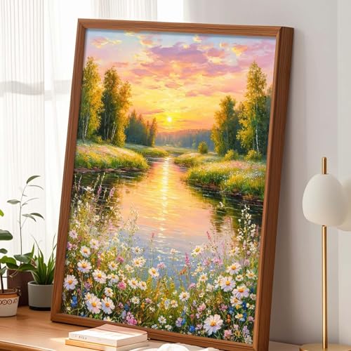 Alptiny Paint by Numbers Kit for Adults, Riverside Sunset Landscape Paint by Number Kit on Canvas, Countryside River & Wildflowers Oil Painting for Gift, Home Wall Decor 16x20 Inch - color: Sunset Landscape