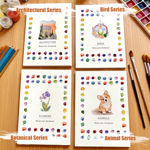 Mini Shimmer Watercolor Paint Set & Watercolor Workbook Bundle, 26 Glitter Metallic Watercolor Paints with Handheld Foldable Palette, 100% Cotton 300gsm Watercolor Paper Pad (4 Pack), 2 Brushes & Stor