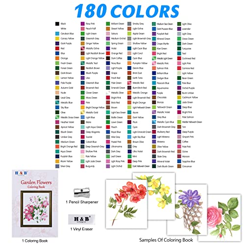 H & B 180-Color Colored Pencils Set with Coloring Book, Eraser, and Sharpener - Perfect for Drawing and Coloring - Soft Oil-Based Cores Ideal for Adults, Artists, and Beginners - style: 180Count (Pack of 1)