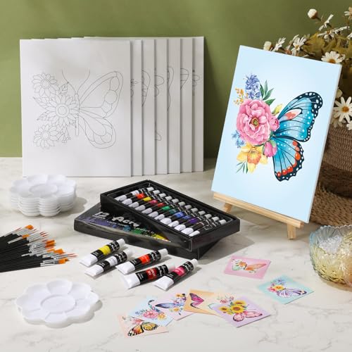 Cholemy 36 Pcs Paint and Sip Kit Gift for Adults 8''x10'',Butterfly | Pre Drawn Canvas, Painting DIY Afro Acrylic Painting Kit, Wood Easel Brushes, Date Night Bulk, Summer Halloween Party - style: Butterfly
