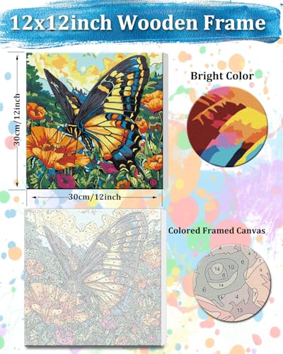 TOCARE Framed Paint by Numbers Kit for Adults & Kids Ages 8-12, 12x12Inch Colorful Butterfly Paint by Numbers with Frame, Flower Paint by Number Framed Canvas for Animal Lovers (Without Easel) - color: TC-F-368