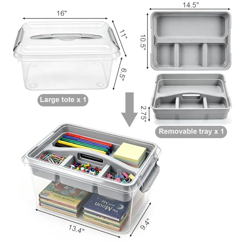 Yesland Portable Craft Storage Box with Removable Tray and Handle, 16x11x6.5 Inch Plastic Art Supply Organizer Container for Stationery, Sewing, Jewelry - Grey - size: 16 inches x 11 inches x 6.5 inches