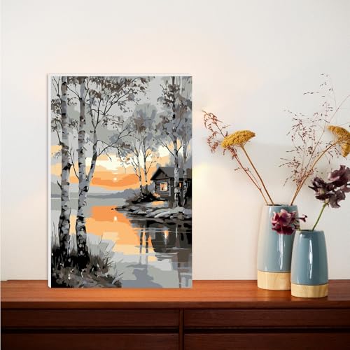 Lxmsja Lakeside Cabin Paint by Numbers Kit for Adults, Birch Trees Acrylic Paint by Numbers for Adults Beginner, DIY Craft Supplies Oil Painting Kits for Home Wall Decor 8x12 inch (Framed) - color: white#115