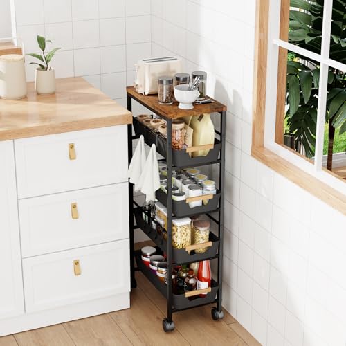 5-Tier Slim Storage Cart, Wooden Top Rolling Kitchen Cart with Pull-Out Baskets & Wheels, Narrow Space Utility Cart Slide Out Organizer for Kitchen, Bathroom, Laundry Room, Black - color: Black, size: 8.07" W × 14.37" D × 32.28" H