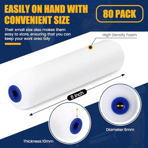 Leumoi 80 Pack Foam Paint Roller 6 Inch Small Paint Roller Covers High Density Foam Roller Sponge Rollers for Painting Doors Wall Cabinet Cupboards Ceilings Brings Smooth Finishes Flat Surfaces