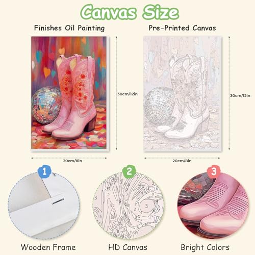 Spandrel Pink Cowboy Boots Framed Paint by Numbers Kit for Adult, Disco Ball Adult Paint by Number Kits on Canvas, DIY Acrylic Oil Easy Painting by Numbers for Home Wall Decor, 8x12in - color: Pink Cowboy Boots