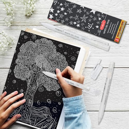 PANDAFLY White Gel Pens, 3-Pack, 0.5mm Fine Point Opaque Gel Ink Pens | White Archival Ink Pens for Highlights, Black Paper Drawing, Sketching, Illustration, Card Making, Bullet Journaling - style: White-0.5mm