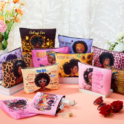 12 Pcs African American Makeup Bags Bulk, Christian Gifts for Women with Bible Verse, Black Women Canvas Zipper Bags for Mother's Day Church Group Sister Mom - style: African Style