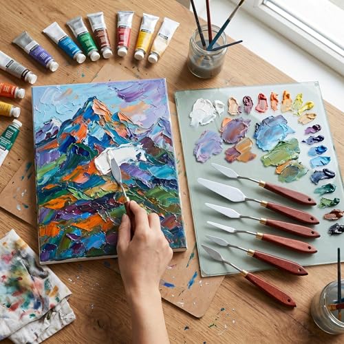 7-Piece Palette Knife Set, Stainless Steel Spatula & Mixing Scraper for Painting, With Birch Wood Handles for Oil Acrylic Watercolor Canvas Art Supplies, Blending & Texture Tools