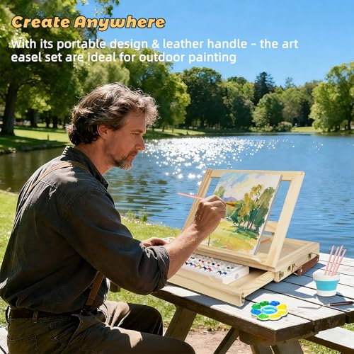 Portable Tabletop Easel Set 24-Piece Acrylic Paints Brushes Canvases | Non-toxic 12 acrylic paints, brushes, canvases & boards, travel-friendly wooden art kit for beginners - size: art easel box-24pk
