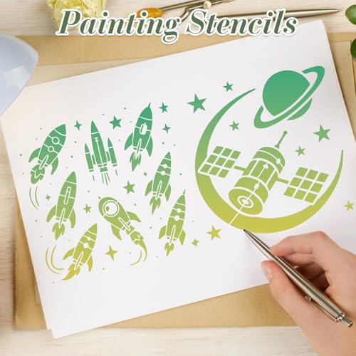 Space Astronaut Stencils for Crafts Reusable 20Pcs Stencils(5.9X5.9 in) | DIY Art Painting Stencil Furniture Decor Kit for Wood Embroidery Wall Silk Screen Journaling - color: Space 1
