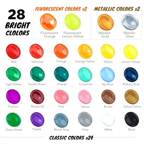 Halobios Acrylic Paint Set 28 Colors with 10 Brushes, Art Craft Paints for Artists Kids Beginners Students & Painters, Canvas fabric Ceramic Wood Rock Painting Art Supplies (Multicolor) - size: 2 Fl Oz (Pack of 28)