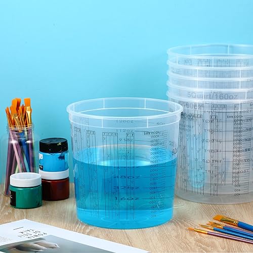 60 Pcs Paint Mixing Cups 5 Quart Graduated Mixing Bucket with 6 lids | Plastic Measuring Cups with Ratios, for Epoxy Resin, Liquids, Automotive Painting, Art, Crafts, Disposable or Reusable - size: 160 oz