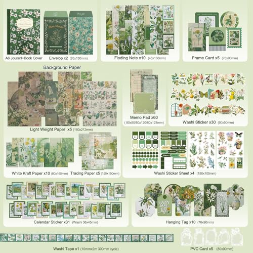 miikoul Vintage Scrapbooking Supplies Kit for Teen Girl Kid Women Diy Gift - color: Green Botanical
