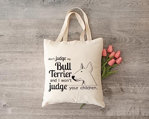 Pet Studio Art Don't Judge My Dog Tote Bag - color: Bull Terrier