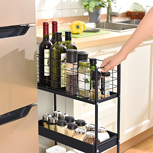 KINGRACK Slim Rolling Storage Cart 3 Tier - Heavy Duty Metal Utility Cart with Raised Edge & Wheels, Narrow Small Mobile Organizer Shelves for Bathroom, Kitchen, Laundry, Office, Living Room, Black - color: Black, size: 3-Tier