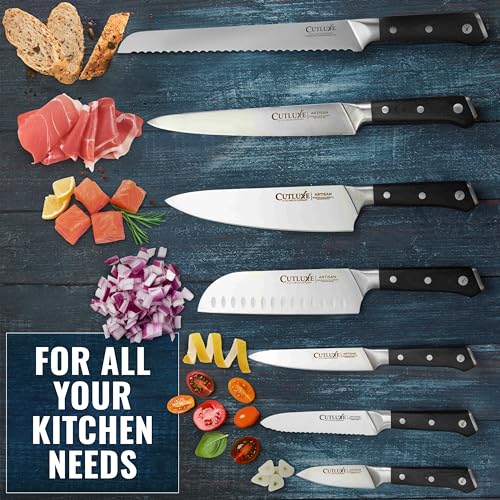 Cutluxe Kitchen Knife Set, 8-Piece Chef Knives with Acacia Wood Block | Razor Sharp Full Tang Blades, High Carbon German Steel – Artisan Series, Professional - size: 8 Pcs Knife Set with Block