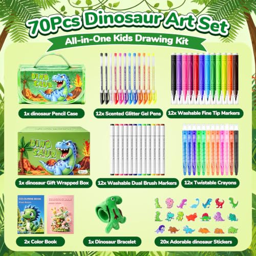 DreamyCandy 72 Pcs Washable Markers Set for Kids 4-8, Dinosaur Art Set Gift - color: Green Dinosaur