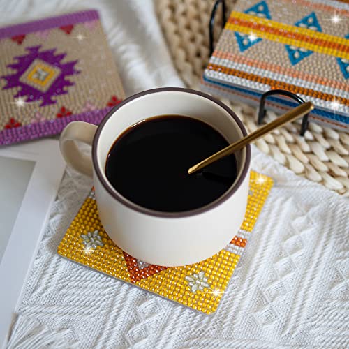 Temlum 6pcs Diamond Art Coasters Kits for Adults with Holder, Boho - color: Boho Coasters With Holder