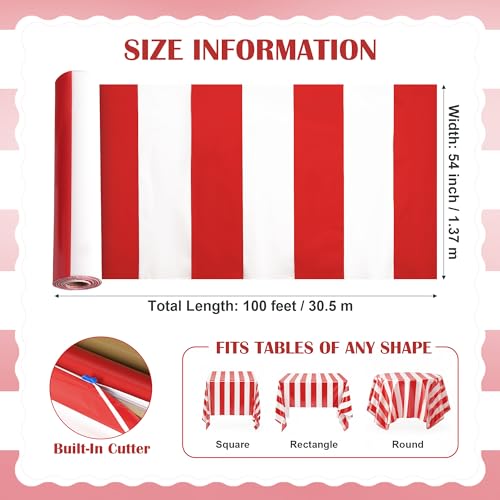 100FT x 54IN Carnival Red & White Striped Tablecloth Roll with Cutter Box | Heavy Duty Disposable Platic Table Cover Wall Backdrop, Cut-to-size for Booths Parties Backdrops - color: Red and White Stripe, size: 1200" x 54" (Rectangular)