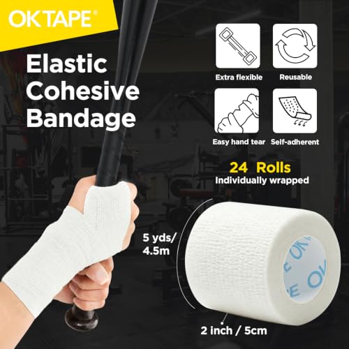 OK TAPE 24 Rolls Self Adhesive Bandage Wrap, Cohesive Elastic Athletic Tape - color: White, size: 2 Inch-24 Pack