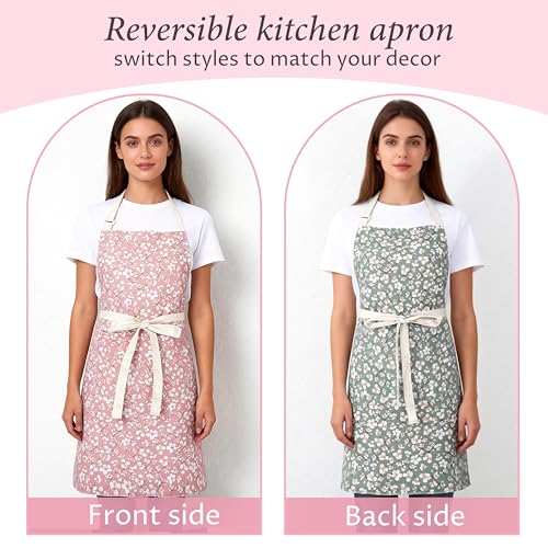 Aoomzoon Kitchen Aprons for Women with 2 Pockets,Double Sided Vintage Adjustable Apron for Gardening Cooking Arting Painting - color: Pink/Green