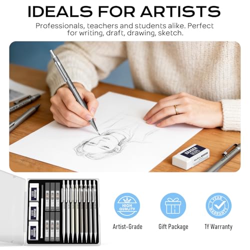 Nicpro 8 Pack Mechanical Pencil 0.7mm, MB1000 Metal Mechanical Pencil Set | 6 Tube HB #2 Lead Refill 0.7 mm, 3PCS 4B Eraser, 9 Cap Eraser with Case for Artist Drafting Writing, Sketching, Drawing - style: 8 Pack (0.7mm)