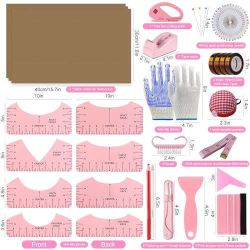 XEUZK Sublimation Shirts Tool Pink Kit With 8T Shirt rulers, 3Pack Teflon Sheet for Heat Press 12 x 16in, Heat Resistant Gloves & Silicone Bumps, 4Rolls Heat Resistant Tape& Tape Dispenser Sublimation - color: Pink