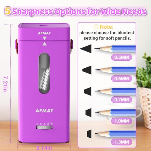 AFMAT Electric Pencil Sharpener, Fully Automatic Pencil Sharpener, Auto in & Out, Rechargeable Hands-Free Sharpeners for Jumbo & Colored Pencils (6.5-12mm), Portable for Home/Classroom/Office PSC6 - color: Purple