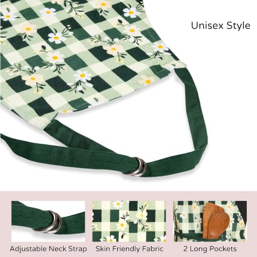FINGERCRAFT Apron, Dual Pocket, Adjustable Tie, Multipurpose Washable Bib Apron for Home, Kitchen, Chef and Professionals - color: Green Daisy Gingham