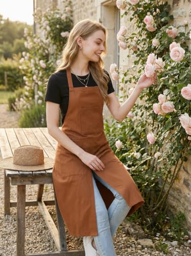 Molaxhome Split Pottery Apron with 3 Pockets Unisex with Adjustable Strap | Cotton Blend,Kitchen Apron,for Ceramics,Gardening,Kitchen Cooking - color: Brown