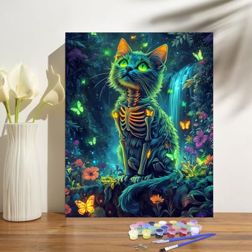 obterie Cat Paint by Numbers Kit for Adults Beginner Skeleton Oil Painting Kit Adult Paint by Number Kits on Canvas DIY Painting for Beginners Art by Numbers for Gifts Home Wall Decor 16x20 Inch - color: YF038