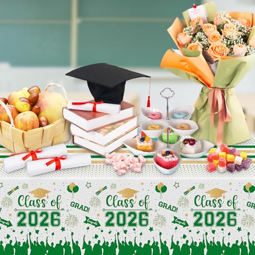 Graduation Decorations Class of 2026 Tablecloth - 3 Pcs Plastic Congrats Grad Table Cloth, Graduation Table Cover for Graduations Party Decorations 2026 and Party Supplies, 54"x108" (Green and Gold) - color: Green and Gold