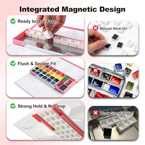 SEAMIART Empty Watercolor Palette Box with 32 Magnetic Half Pans for DIY - color: Pink, size: 6.4" x 2.9" x 1"