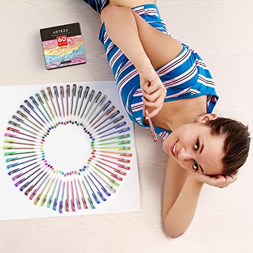 ARTEZA Gel Pens, Set of 60 – Fine Point Colored Ink Pens for Journaling, Adult Coloring, Note-Taking & Decorative Writing, Variety of Finishes - style: Set of 60