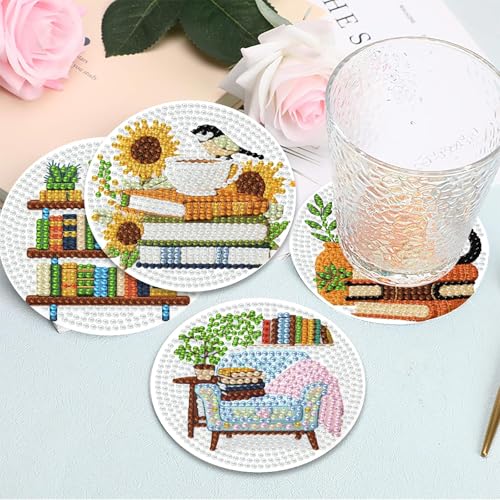gganmtere 8 PCS Cat Diamond Painting Coasters Kits Set,Books Diamond Coaster with Holder,5D DIY Full Drill Adult Diamond Art Present - color: JXBD97
