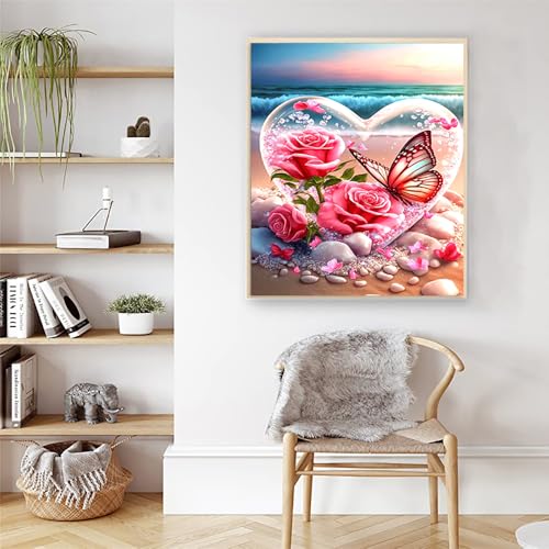 Artunion Beach Seaside Paint by Numbers for Adults Beginner, Rose Flowers Heart Paint by Number Kits, DIY Oil Painting Paint by Number Kits on Canvas Arts Craft for Home Wall Decor 16x20 Inch - color: Heart Beach Seaside
