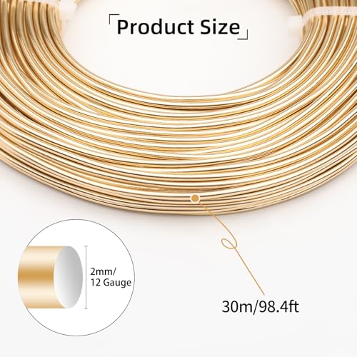 12 Gauge Aluminum Wire 100FT, 2mm Bendable Metal Anodized Aluminum Wire for Sculpting Jewelry Making Crafts Wreath Beading Floral(Tin Gold) - color: Tin Gold