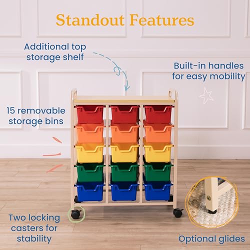 ECR4Kids 15-Bin Mobile Organizer with Shelf, Removable Bins, Sand/Assorted | Durable plastic bins, steel frame, GREENGUARD Gold Certified, 75 lb capacity, rolling casters, craft supplies, classroom/home
