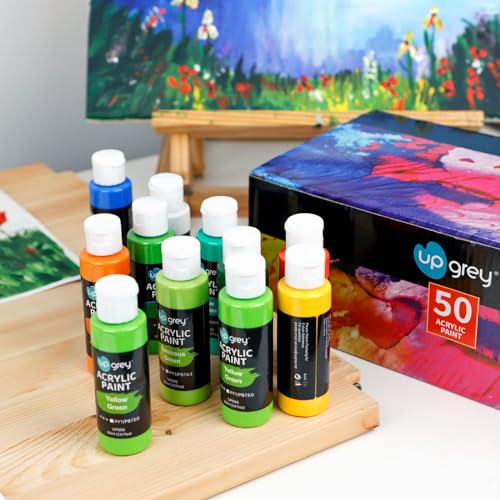 UPGREY 50 Colors Acrylic Paint Set, Non Toxic Art Paints (2fl Oz/60ml Each) With 5 Craft Paint Brushes, Metallic Acrylic Paints Kids Adults for Canvas Crafts Stone Wood Ceramic And Model Painting | 50 Vibrant Acrylic Colors,60mL Bottles,5 Brushes Included