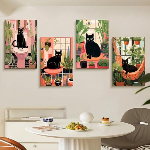 4 Pack Framed Paint by Numbers Kit for Adults Black Cat with Wooden Easel | With Frame Canvas 8x12 IN, For Adults Beginner, DIY Acrylic Painting Cat, Stress Relief Craft Kits, Home Wall Decor Gift - color: FOP4P-10