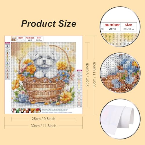 WSLWXSHM Diamond Painting Kits for Adults, Dog Round Full Drill Diamond Art Kits, 5D DIY Paint with Diamonds Crafts for Home Wall Decoration Gifts 12×12Inch Flower Basket - color: Dog A