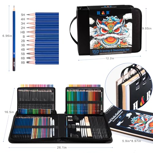 H & B 150PCS Drawing Pencils Set with Portable Zipper Bag – Professional Sketching & Art Supplies Kit with Sketchpad and Colored Pencils for Adults & Artists - size: 1 Count (Pack of 150)