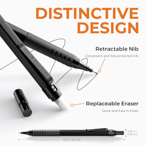 Four Candies 2PCS 0.5mm & 0.7 mm Metal Mechanical Pencils Set, 360PCS Lead Refills, 12 Erasers, Cool Lead Pencil with Case for School Writing, Sketching, Technical Work, Art Projects, Black - color: Black