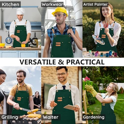Chef Canvas Aprons with 3 Large Pockets Adjustable Strap for Men Women - color: Green