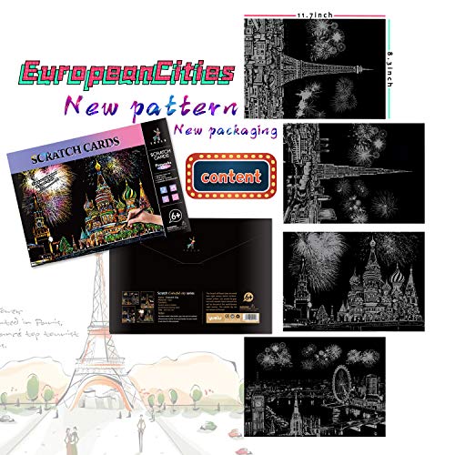 DESINIK Scratch Painting Art for Adults -Scratch Painting Foil Art for Adults, Scratchboard Set(A4) with 4 Tools & 8 Sheets, Creative Gift Idea for Birthdays & Holidays(Firework) - color: Firework