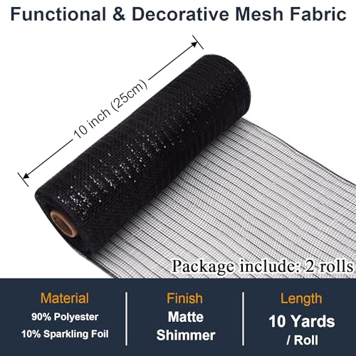 Black Mesh Ribbon Rolls 10 Inch 10 Yds, Deco Mesh Fabric for Wreaths | (2 Rolls) 30Ft Each, Decorative Foil Mesh for Christmas Tree Ribbon, Door Decor, DIY Crafts, Halloween, Wedding Party Supplie - color: Black